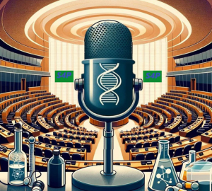 Image of Sience4Parliament podcast with a mic and severel elements representing science